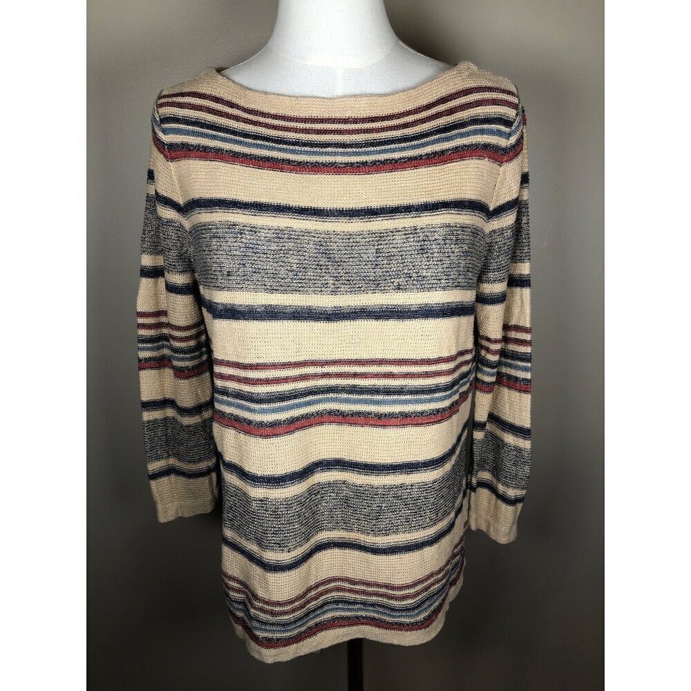 Lauren Jeans Company 100% Linen Knit Tan Striped Boatneck Sweater Size Large